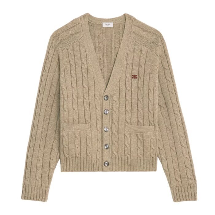 CELINE TRIOMPHE CARDIGAN IN CABLE KNIT CASHMERE CREAM