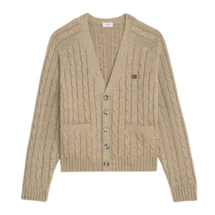 CELINE TRIOMPHE CARDIGAN IN CABLE KNIT CASHMERE LIGHT TAUPE