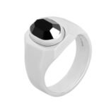 CELINE BEVELLED SIGNET RING IN ONYX AND STERLING SILVER WITH RHODIUM FINISH