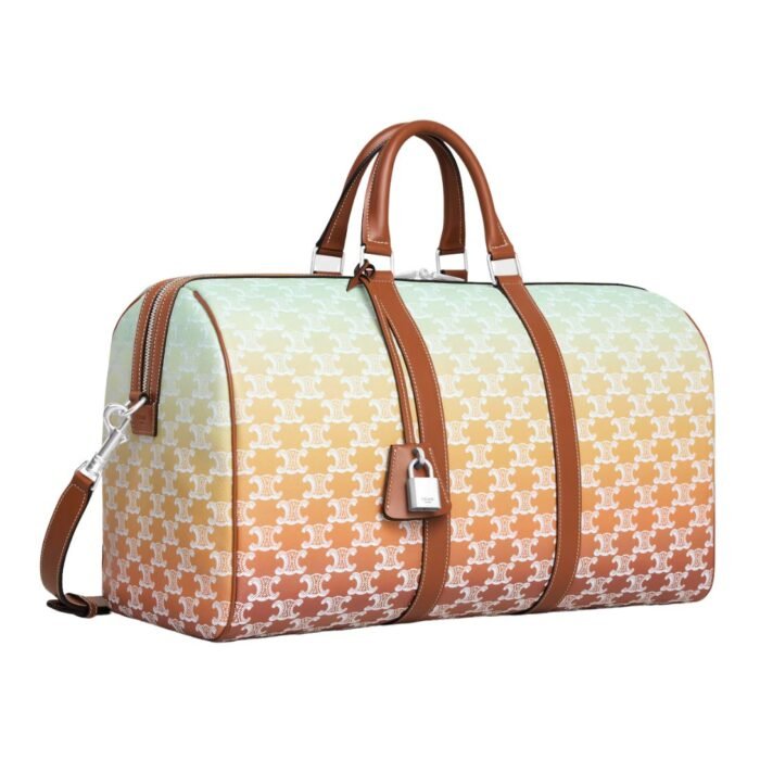 CELINE MEDIUM TRAVEL BAG IN TRIOMPHE CANVAS SUNSET AND CALFSKIN