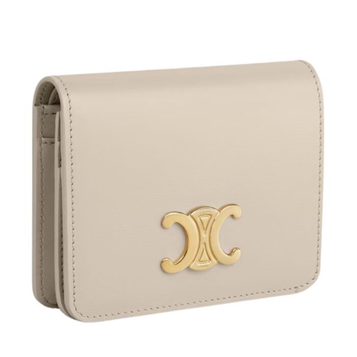CELINE TRIOMPHE COMPACT WALLET IN SHINY CALFSKIN LIGHT STONE