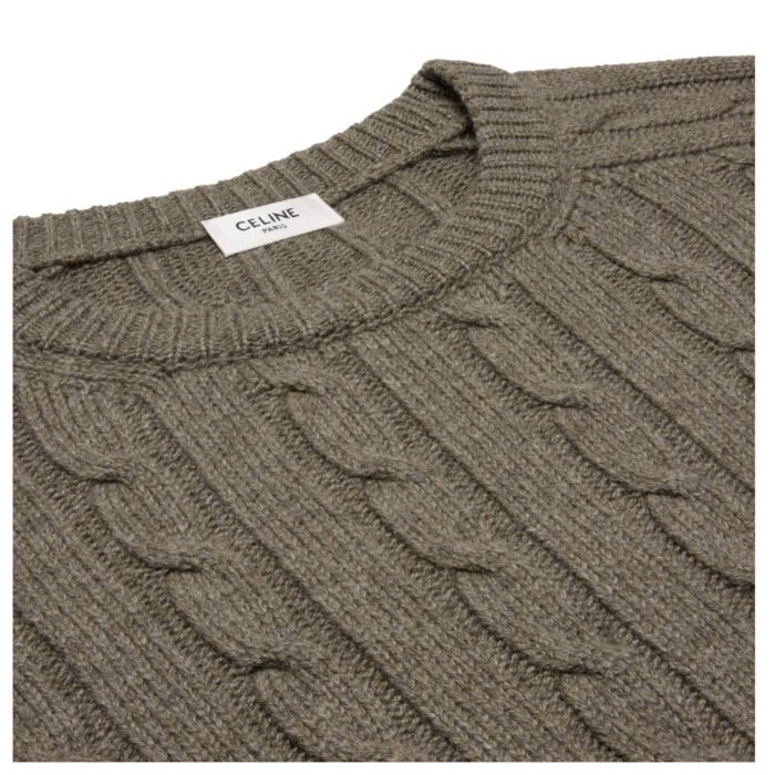 CELINE CABLE KNIT TRIOMPHE SWEATER IN CASHMERE TAUPE