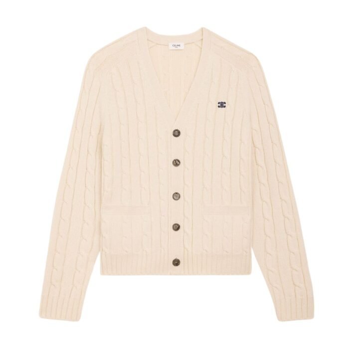 CELINE TRIOMPHE CARDIGAN IN CABLE KNIT CASHMERE LIGHT GREY