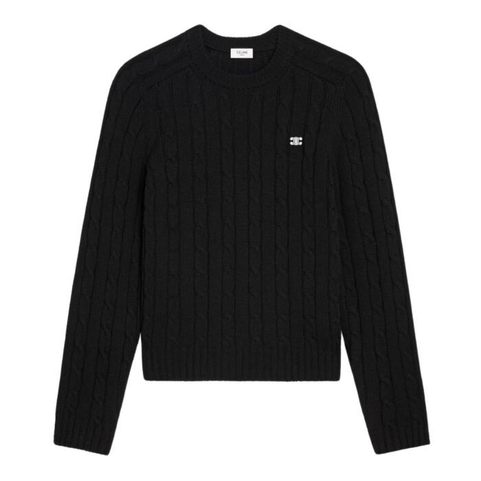 CELINE CABLE KNIT TRIOMPHE SWEATER IN CASHMERE TAUPE
