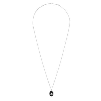 CELINE TRIOMPHE DE LYS MEDAL NECKLACE IN STERLING SILVER AND ONYX