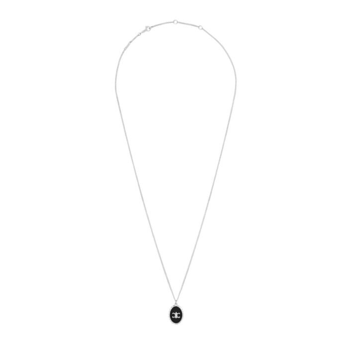 CELINE TRIOMPHE DE LYS MEDAL NECKLACE IN STERLING SILVER AND ONYX