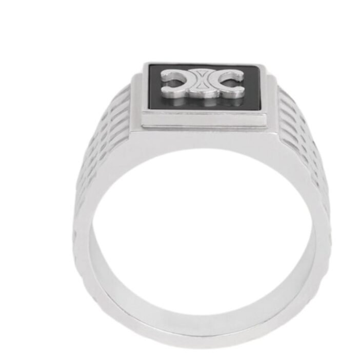 CELINE TRIOMPHE PYTHON SIGNET RING IN ONYX AND STERLING SILVER WITH RHODIUM FINISH