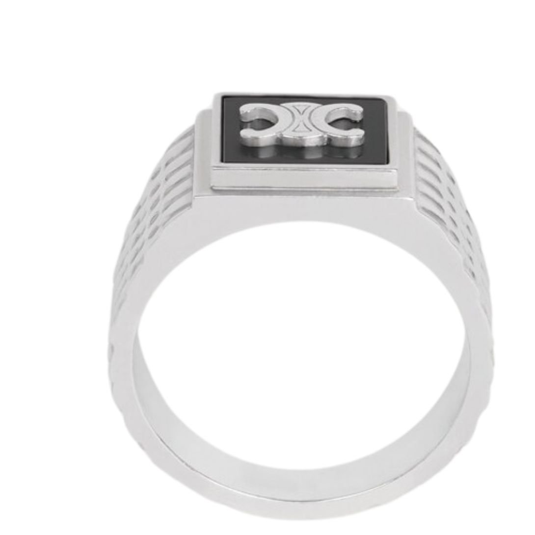 5 CELINE TRIOMPHE PYTHON SIGNET RING IN ONYX AND STERLING SILVER WITH RHODIUM FINISH