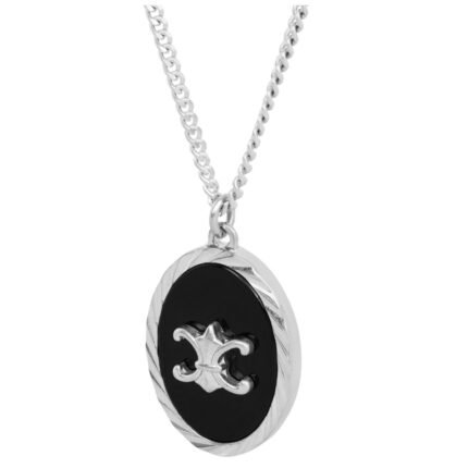CELINE TRIOMPHE DE LYS MEDAL NECKLACE IN STERLING SILVER AND ONYX