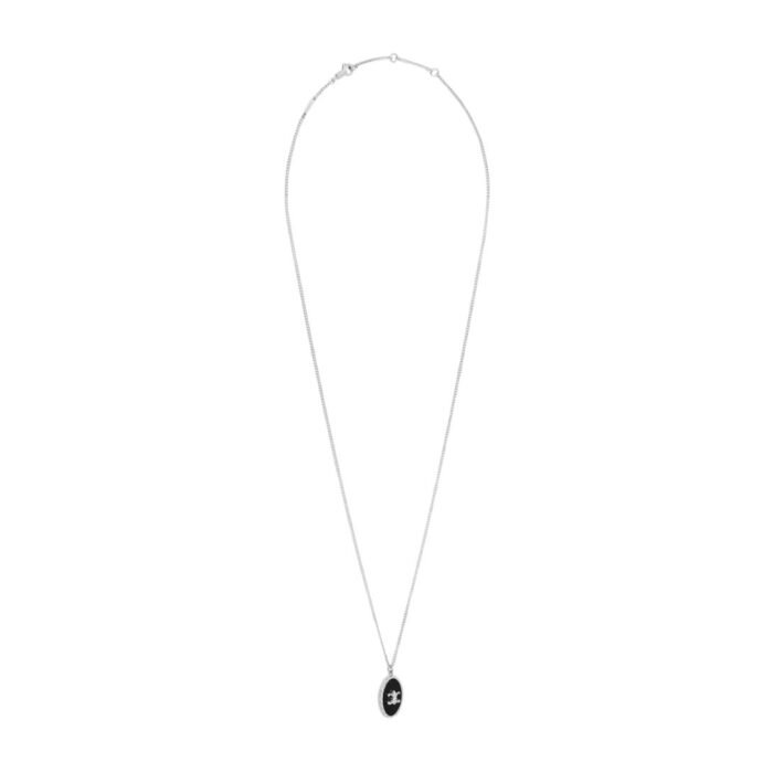 CELINE TRIOMPHE DE LYS MEDAL NECKLACE IN STERLING SILVER AND ONYX