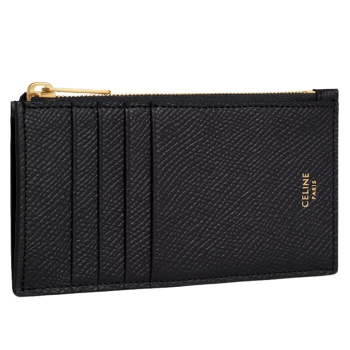 CELINE ZIPPED COMPACT CARD HOLDER ESSENTIALS IN GRAINED CALFSKIN BLACK