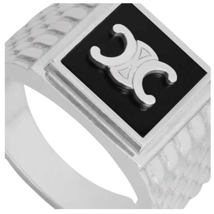 CELINE TRIOMPHE PYTHON SIGNET RING IN ONYX AND STERLING SILVER WITH RHODIUM FINISH
