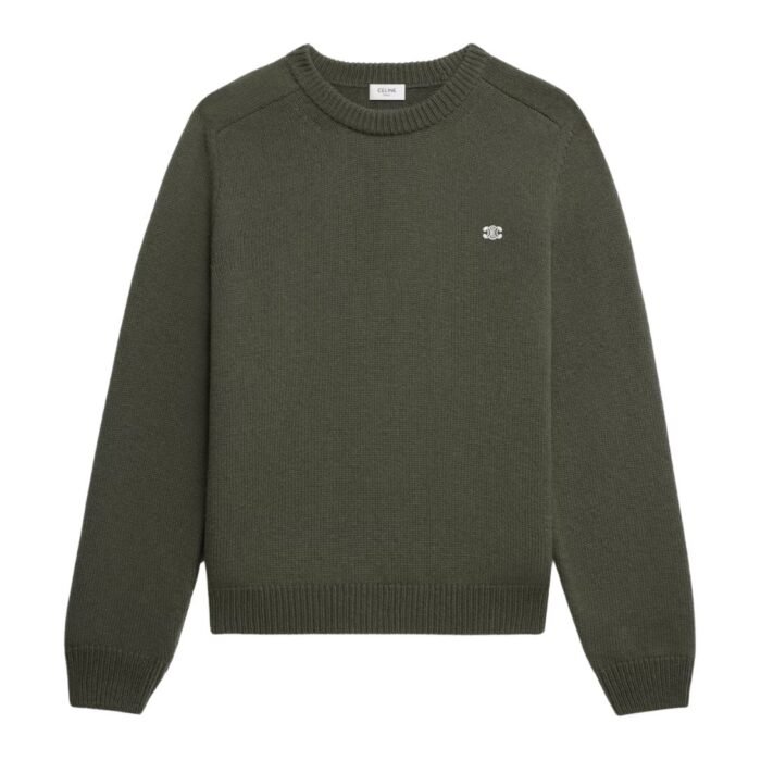 CELINE TRIOMPHE CREW NECK SWEATER IN WOOL AND CASHMERE GREY-OFF WHITE